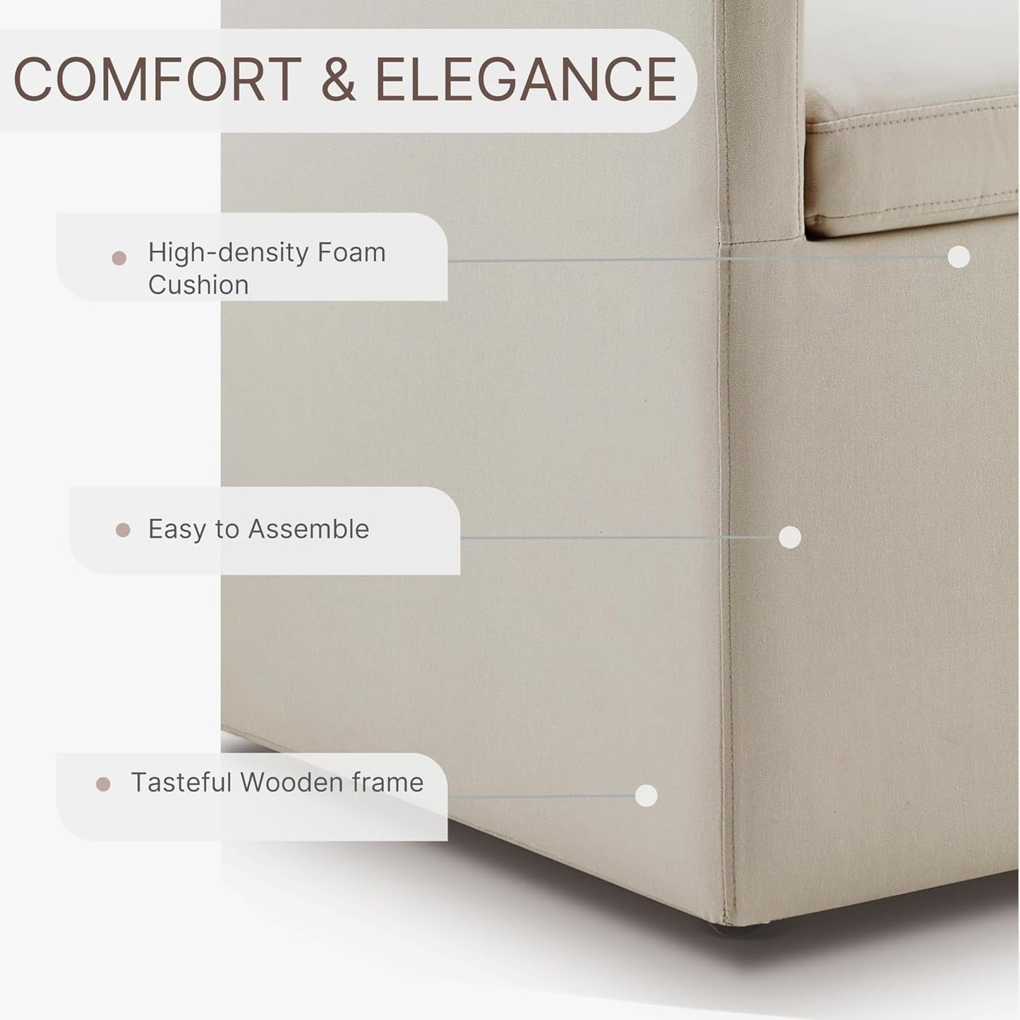 Upholstered Dining Chair with Casters Washable Cover Side Deskchair with Rollers for Diningroom Living Room,Set of 2,Flax Beige-4