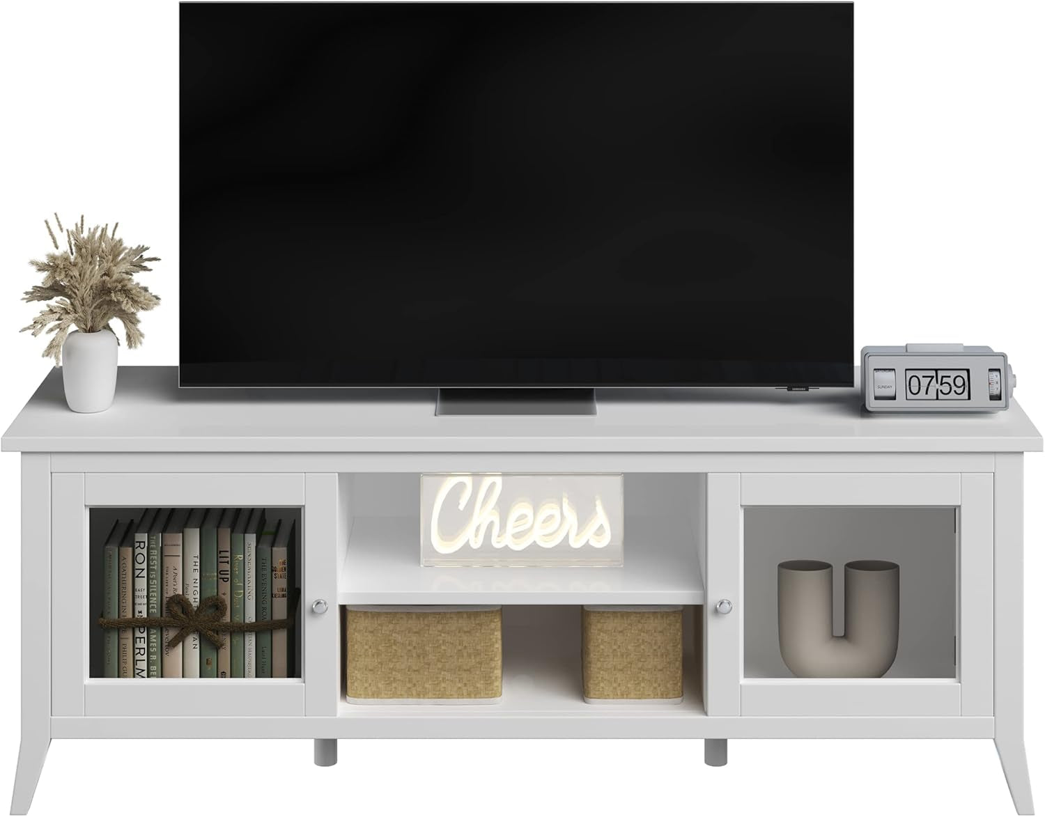 TV Stand - 55-Inch Storage Cabinet with 2 Cubbies and 2 Shelves - Entertainment Center for Living Room, Bedroom, or Entryway (White)-2