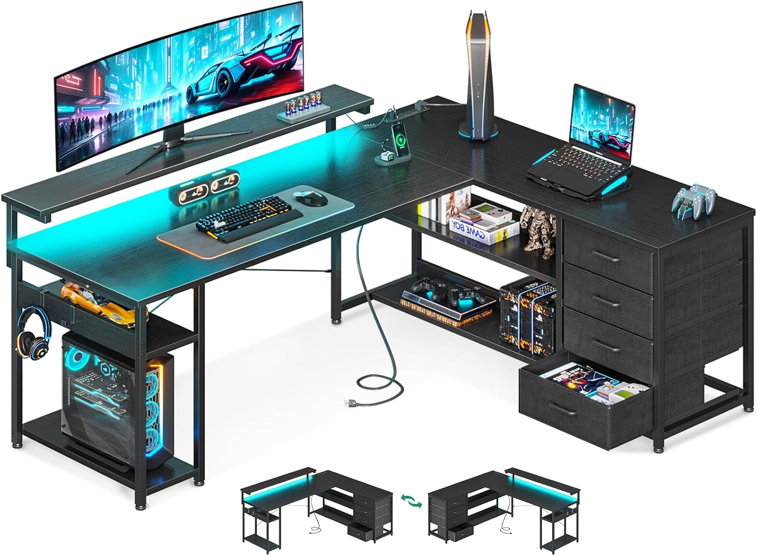 61" L Shaped Desk with Drawer, Computer Desk with Power Outlets & LED Lights, Reversible Corner Gaming Desk for Home Office Workstation, Office Desk with Monitor Shelf, Pure Black-0