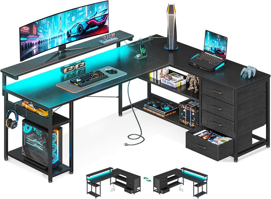61" L Shaped Desk with Drawer, Computer Desk with Power Outlets & LED Lights, Reversible Corner Gaming Desk for Home Office Workstation, Office Desk with Monitor Shelf, Pure Black-0