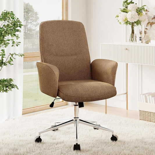 Comfy Office Desk Chair, Upholstered Fabric Computer Desk Chair, Criss Cross Chair with Wheels and Armrests, Swivel Adjustable Vanity Chair for Home, Makeup, Office, Bedroom, Camel-1