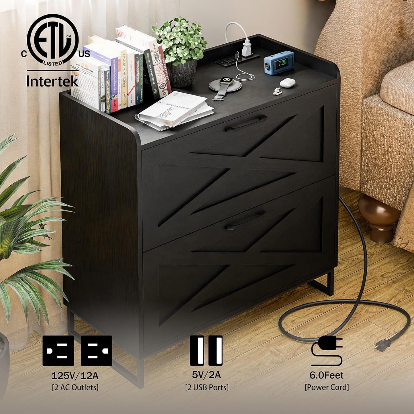 Lateral File Cabinet 2 Drawer File Cabinet with Charging Station for Legal/Letter/A4 Size Hanging Files, Modern Farmhouse Large Wood File Storage Cabinet Printer Stand for Home Office Furniture(Black)-2