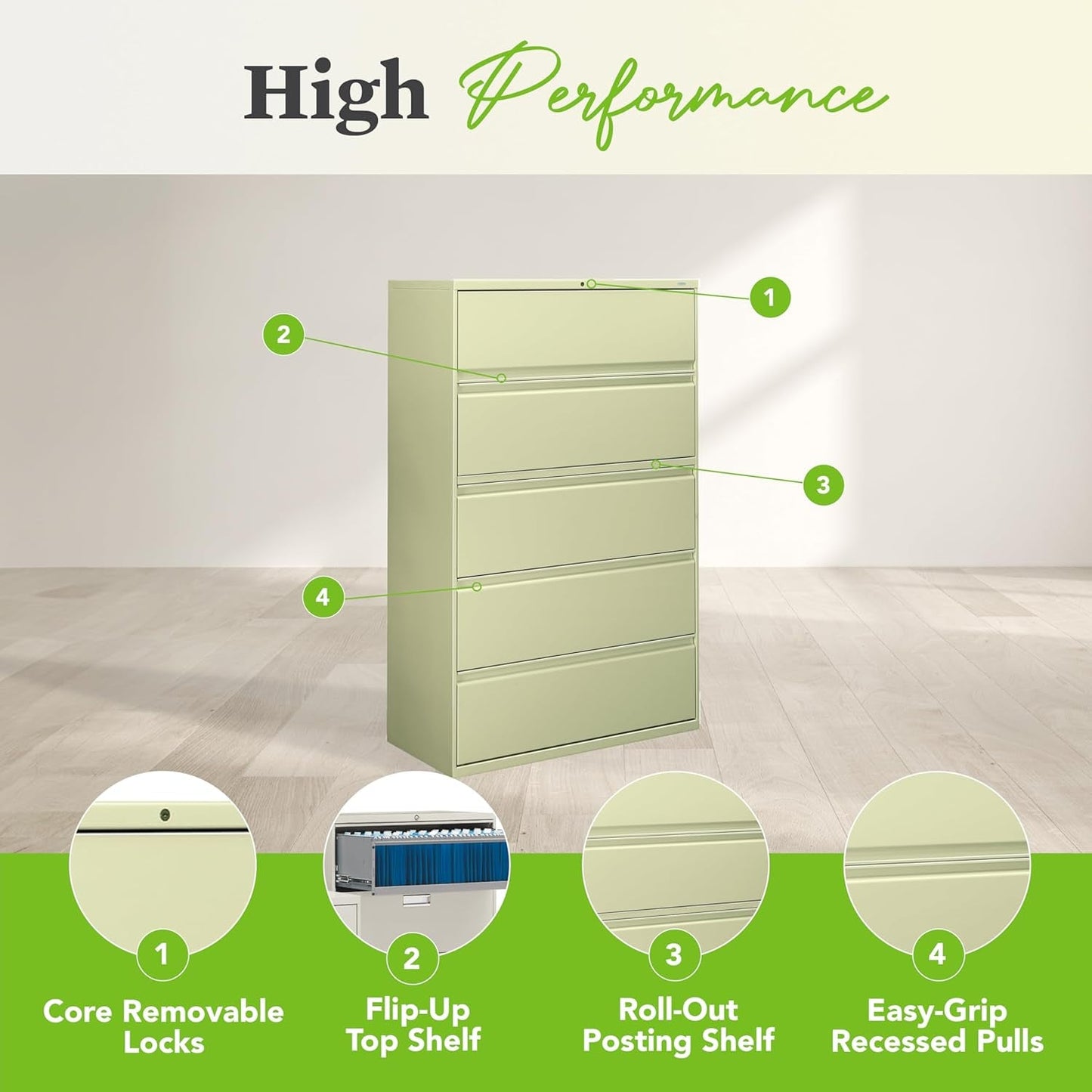 5 Drawer Lateral File Cabinet with Lock, Metal Filing Cabinets for Offices, Adjustable Hangrails for A4, Legal, Letter Files, 21.31" Deep, Putty-3