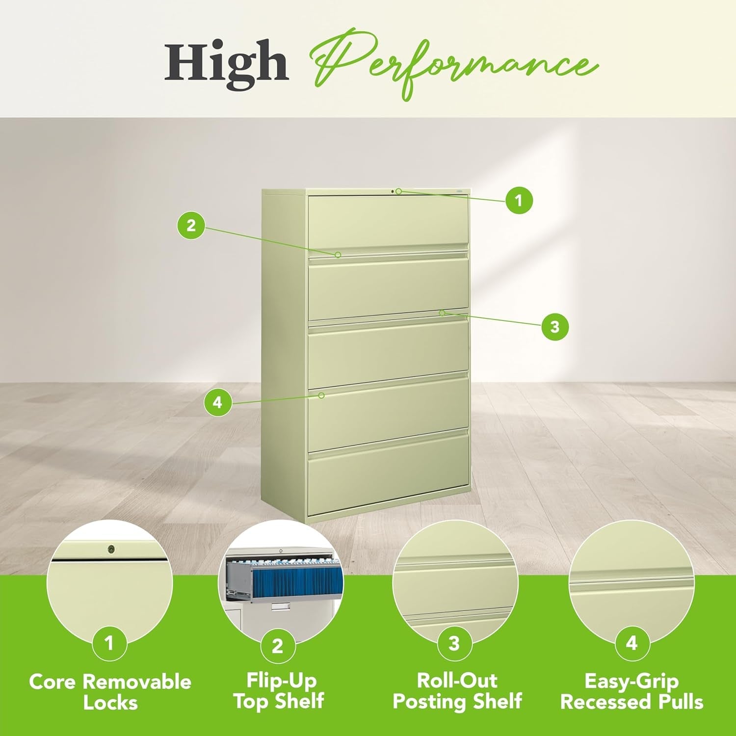 5 Drawer Lateral File Cabinet with Lock, Metal Filing Cabinets for Offices, Adjustable Hangrails for A4, Legal, Letter Files, 21.31" Deep, Putty-3