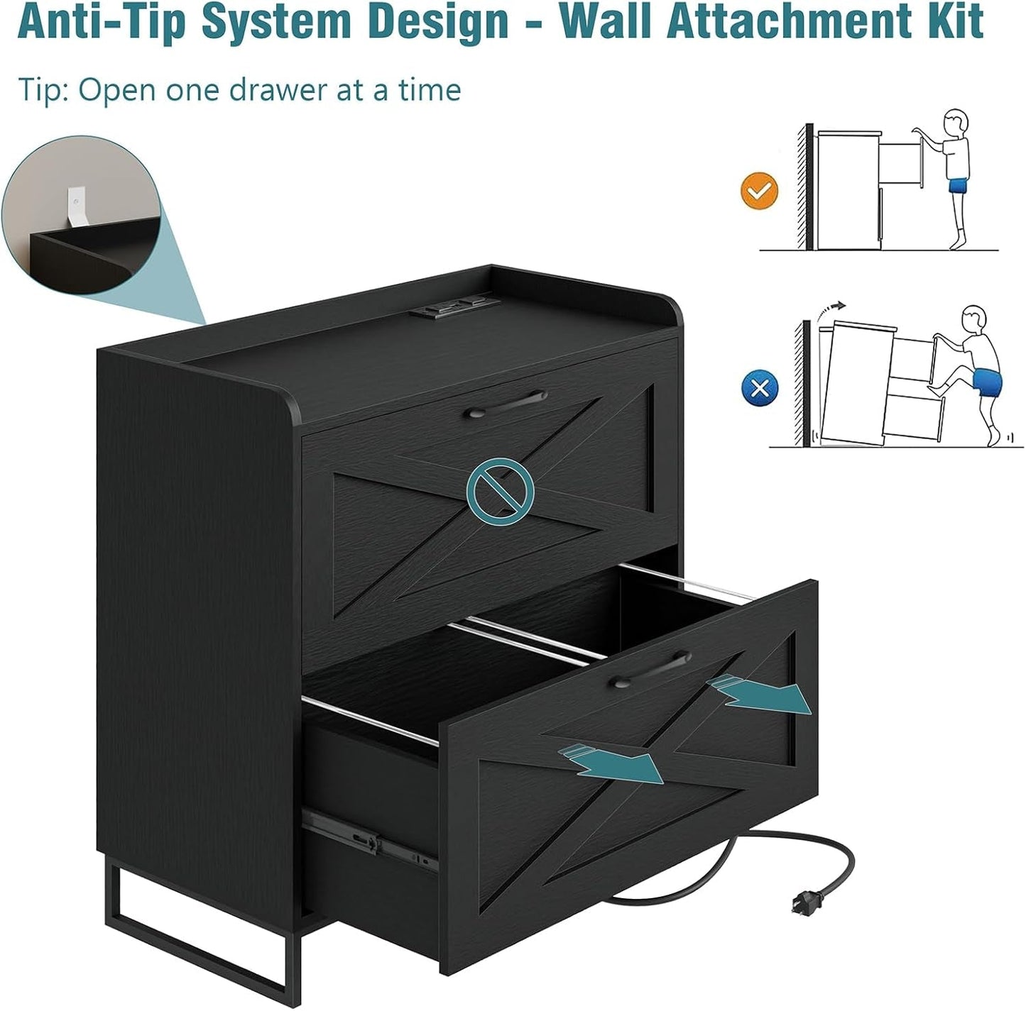 Lateral File Cabinet 2 Drawer File Cabinet with Charging Station for Legal/Letter/A4 Size Hanging Files, Modern Farmhouse Large Wood File Storage Cabinet Printer Stand for Home Office Furniture(Black)-4