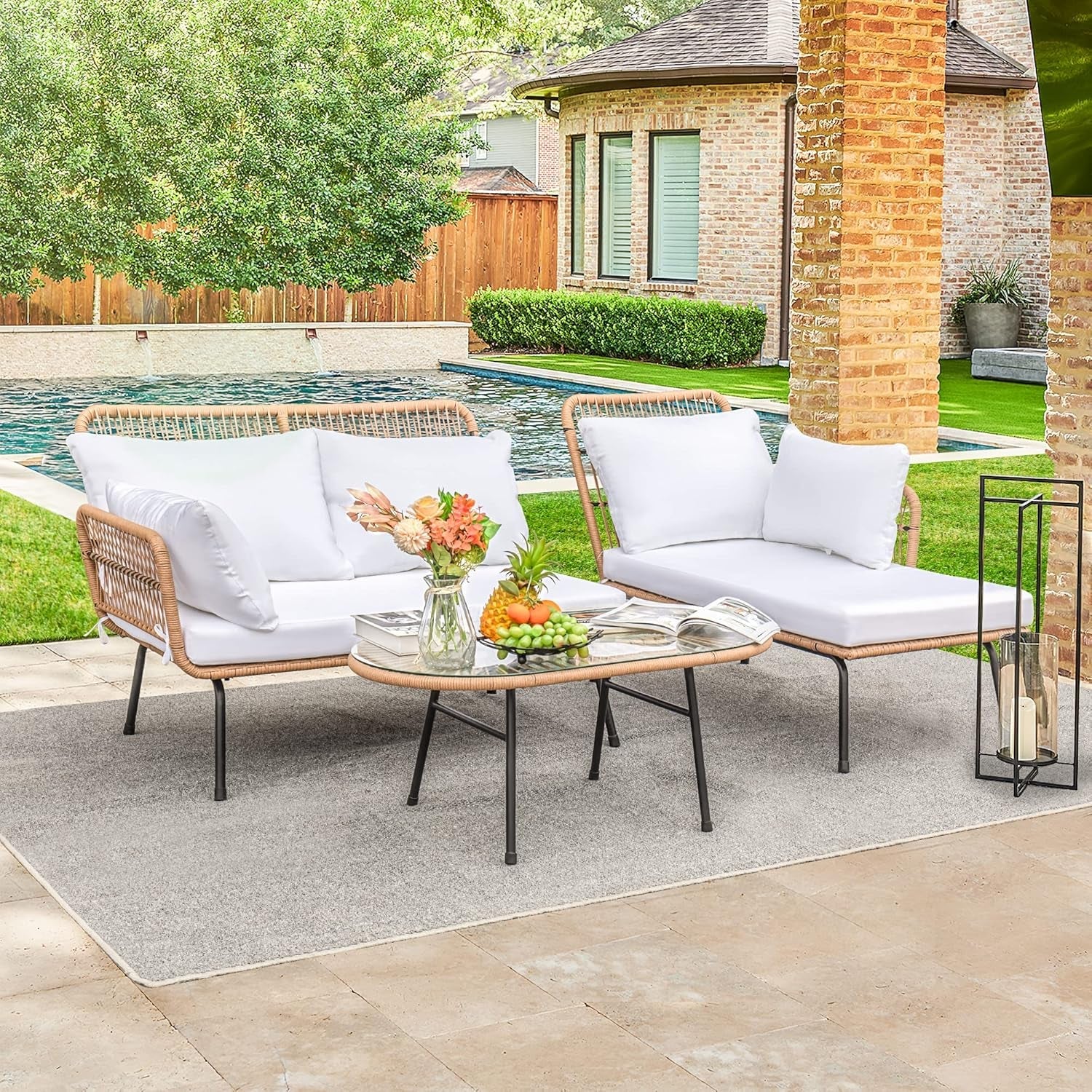 Outdoor Patio Furniture Set, Outdoor Sectional Conversation Rope Woven L-Shaped Sofa Set with Patio Table and Thick Cushions for Backyard Porch Balcony Garden, White-1