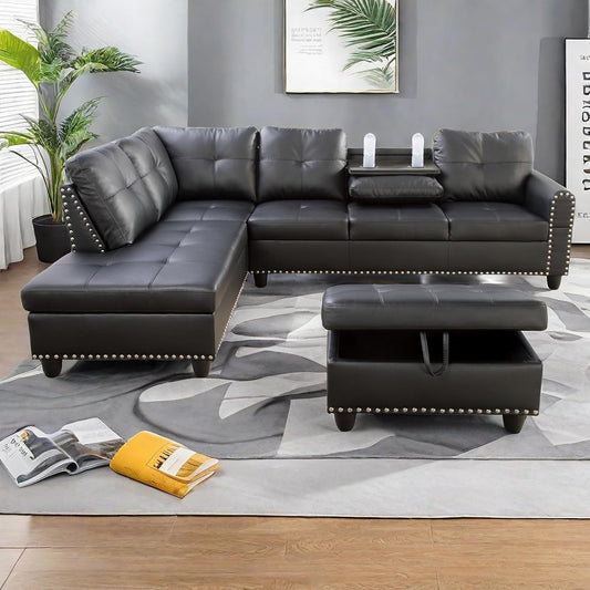 L Shaped Sectional Couches, Convertible Lounge Leather Couch with Reversible Cup Holder, Nail-Head Design Modern Modular Sectional Sofa for Living Room Furniture Sets, Black A-0