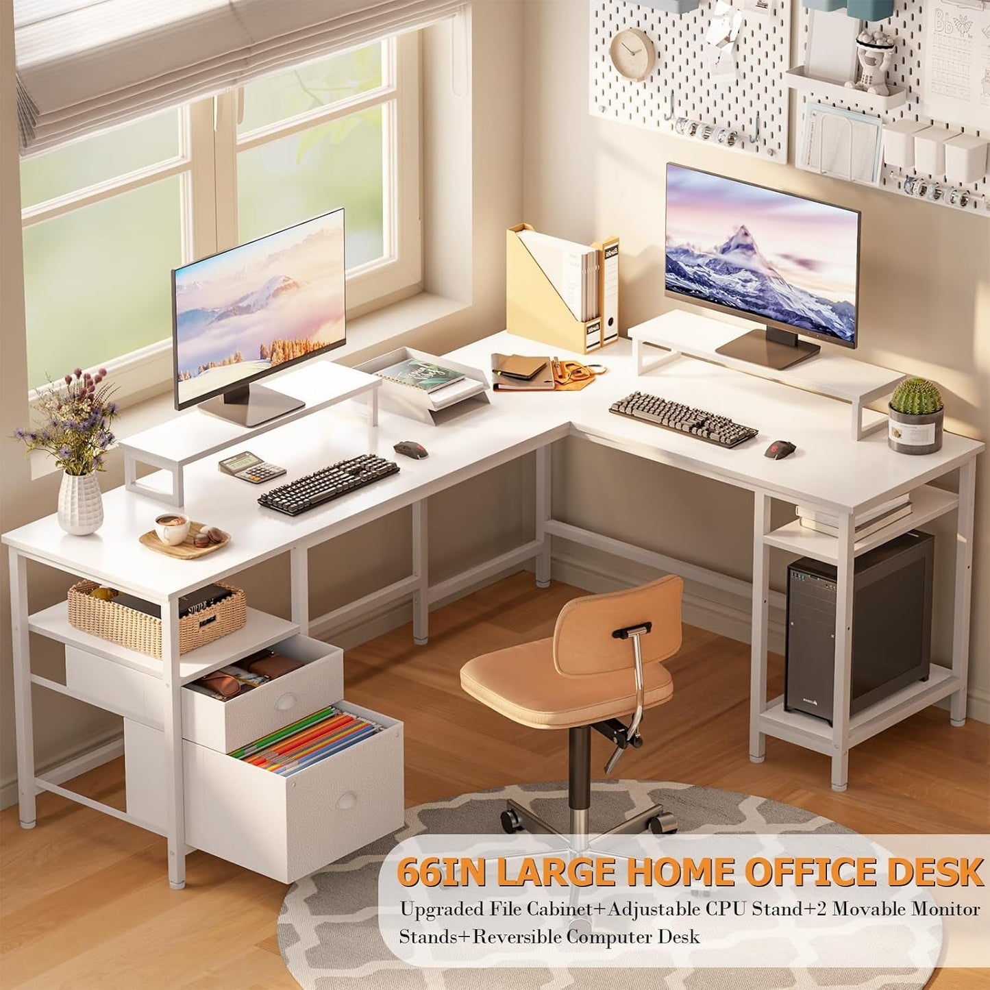 66" White L Desk with Shelves and Drawer-3