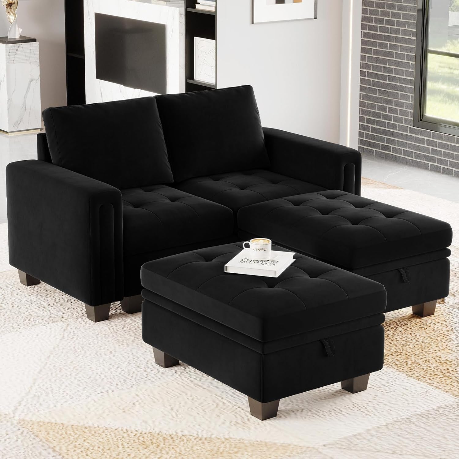 Velvet Modular Sectional Sofa Couch with Storage Convertible Sectional Sleeper Sofa Couch Bed Set with Reversible Chaise Black-0