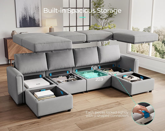 6 Seat Grey Modular Sofa, Ottomans, Storage-0