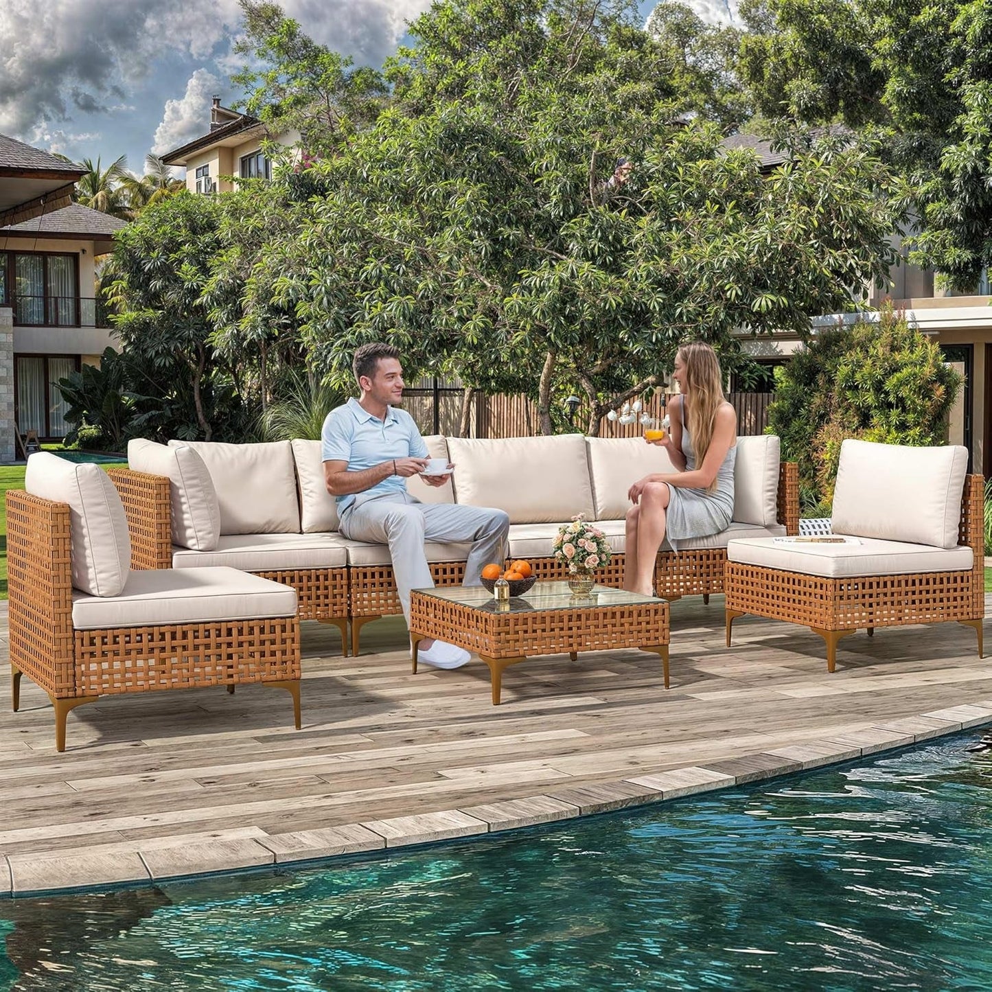 7PCS Patio Furniture Set, All-Weather PE Wicker Patio Conversation Set for Patio Backyard Poolside Porch, Outdoor Sectional Sofa with Coffee Table & Cushions-1