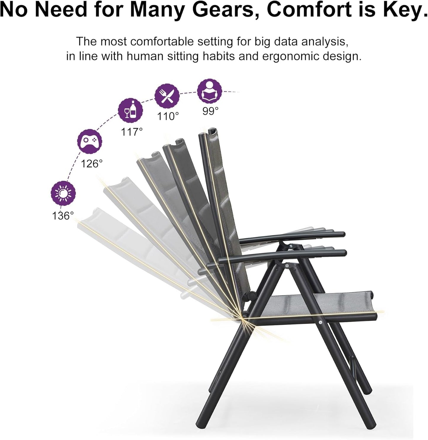 9 Pieces Outdoor Patio Dining Set with 8 Folding Portable Chairs and 1 Rectangle Aluminum Table, Foldable Adjustable High Back Reclining Chairs with Soft Cotton-Padded Seat, Grey-3