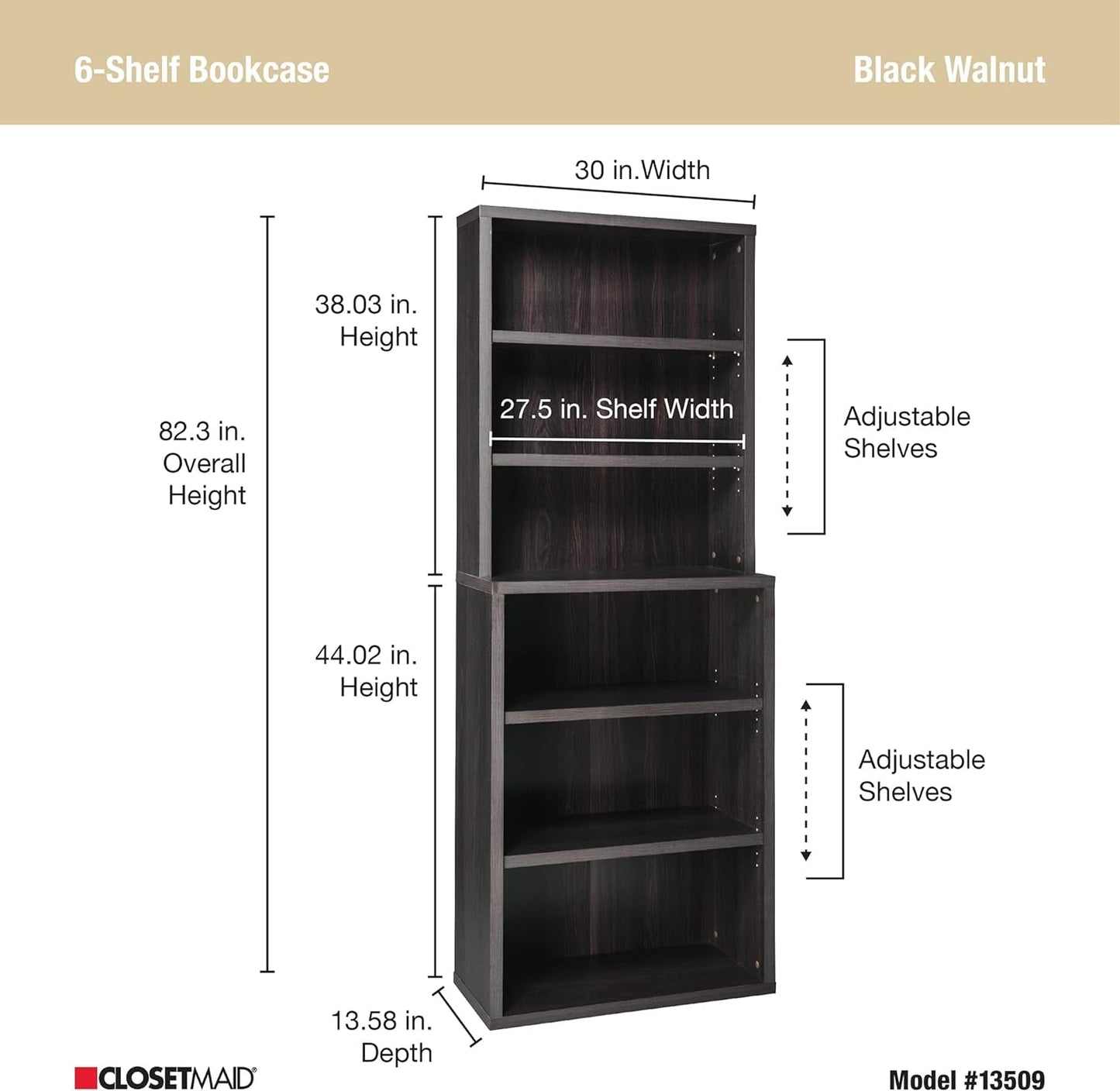 Bookshelf with 6 Shelf Tiers, Adjustable Shelves, Tall Bookcase Hutch, Sturdy Wood with Closed Back Panel, Black Walnut Finish-2