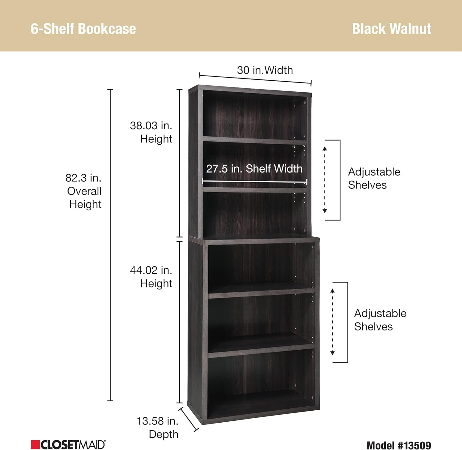 Bookshelf with 6 Shelf Tiers, Adjustable Shelves, Tall Bookcase Hutch, Sturdy Wood with Closed Back Panel, Black Walnut Finish-2
