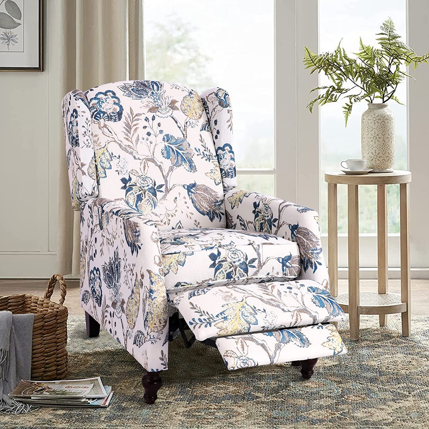 Upholstered Wingback Recliner Chair, Padded, Blue Floral-0