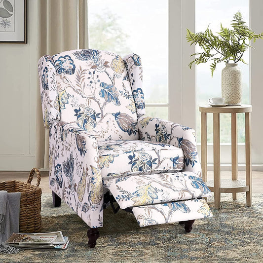 Upholstered Wingback Recliner Chair, Padded, Blue Floral-0