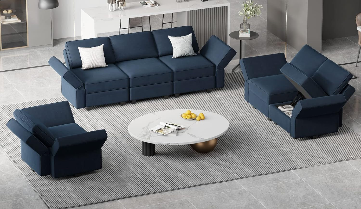 Modular Velvet Living Room Sofa Set 3 Seat Sofa Loveseat and Chair Set with Storage Seats Modular Living Room Furniture Set Blue-2