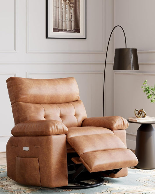 Oversized Electric Recliner Chair - 360° Rocker Swivel Recliner with Heat and Massage, PU Leather Large Recliner for Adults, Comfortable Lazy Boy with 1.5X Sponge Filling for Living Room-0