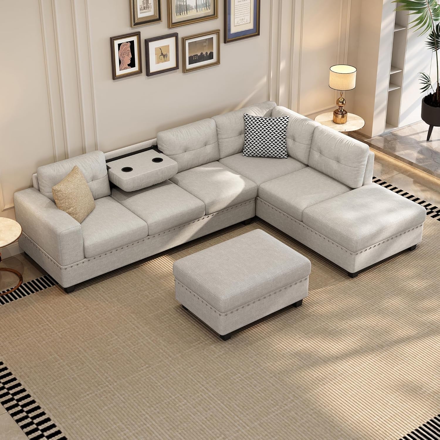 Sectional Sofa Couch with Reversible Chaise and Ottoman, Linen L-Shape Couch with 2 Pillows and Cup Holder, Sectional Sofas for Living Room (Light Gray)-0