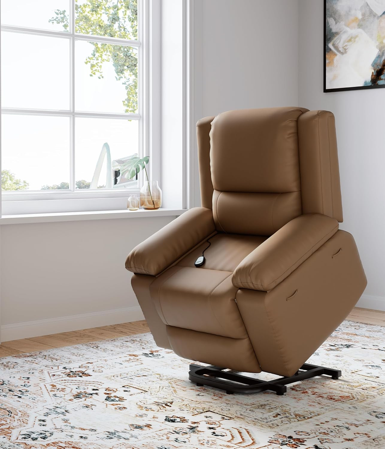 Oversized Faux Leather Power Lift Recliner W/Massage and Heat for Elderly, Recliner Chairs with Pockets for Living Room (Khaki, Large)-0