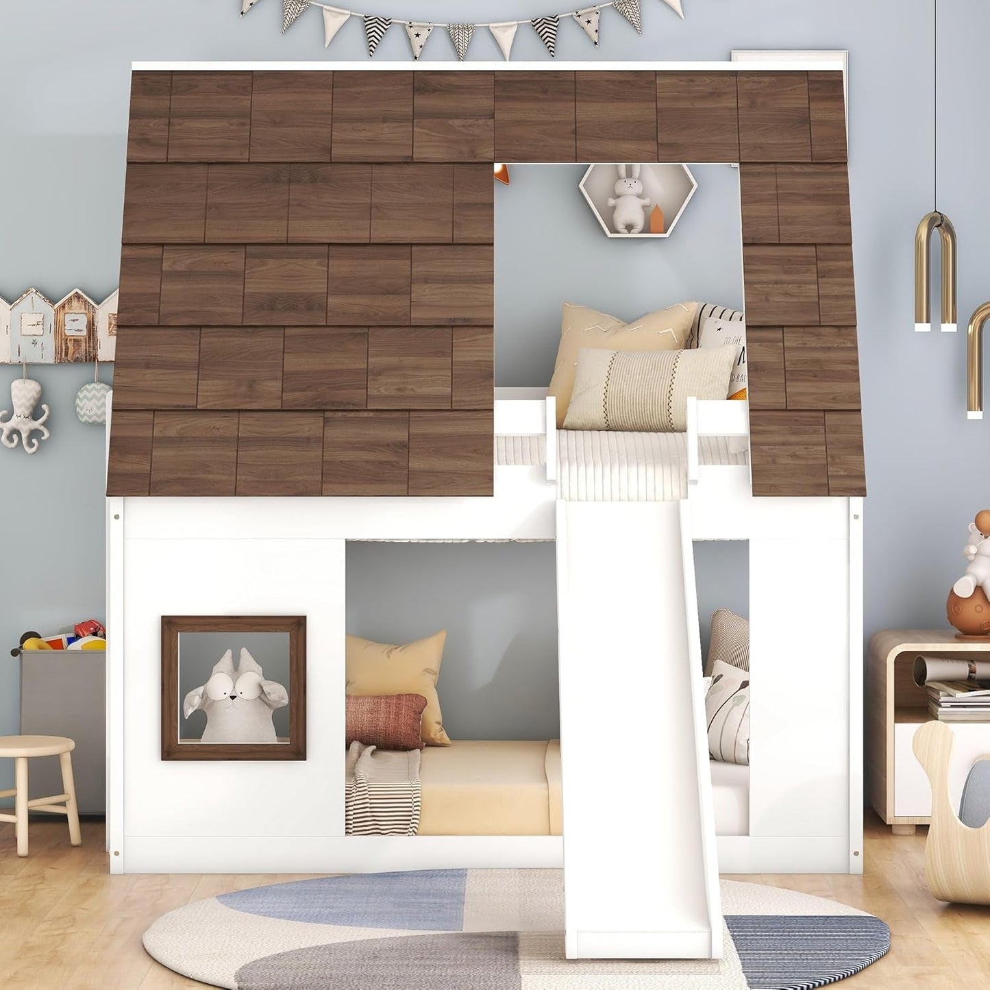 Twin over Twin House Bunk Bed Frame with Roof,Window,Ladder and Slide for Boys Girls, White & Brown-2