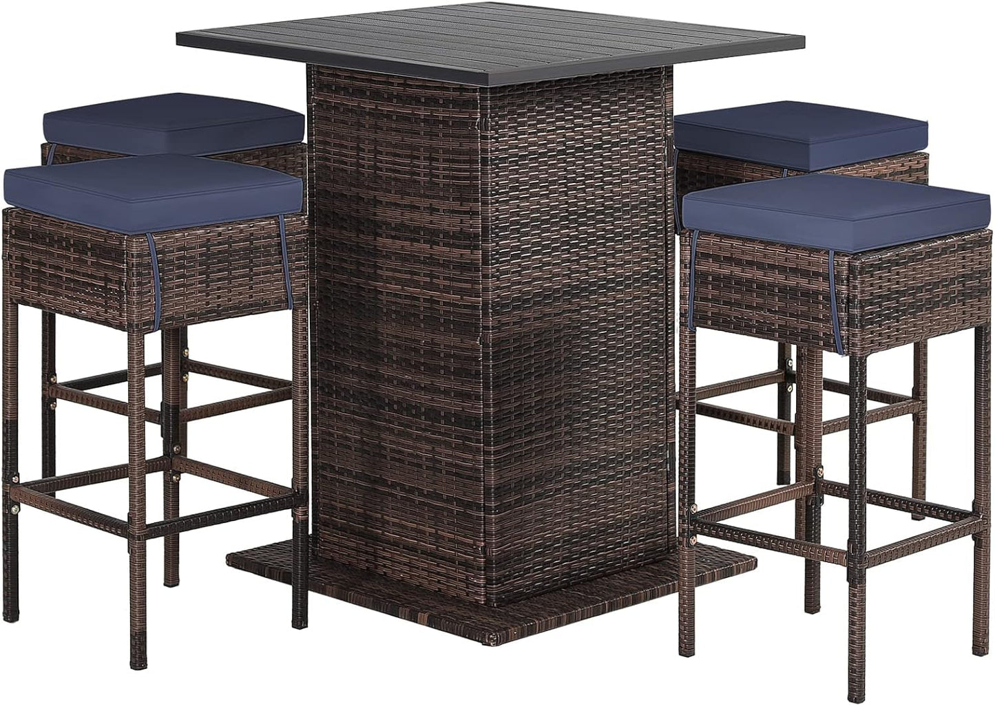 5-Piece Outdoor Bar Set, Wicker Rattan Bar Height Patio Set W/4 Cushion Bar Stools & Table with Hidden Storage, 5PCS Outdoor High Top Table and Chairs Set for Backyard Poolside (Navy Blue)-0