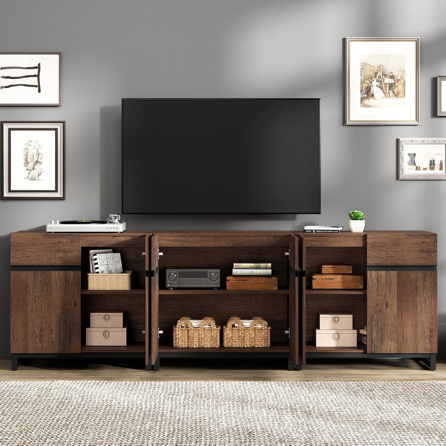 Modern TV Stand for Tvs up to 100 Inch, 3 in 1 Entertainment Center TV Console with Adjustable Shelves and Metal Base for Living Room,Bedroom,Brown-4