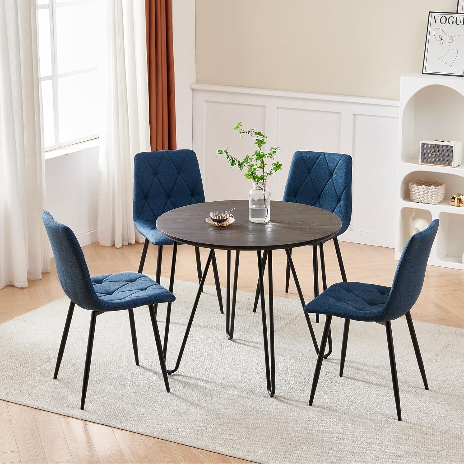 4 Set of Dining Chairs, Metal Frame Dining Chair for Kitchen Room,Technology Cloth Seat Chair for Living Room, Bedroom(Blue)-3