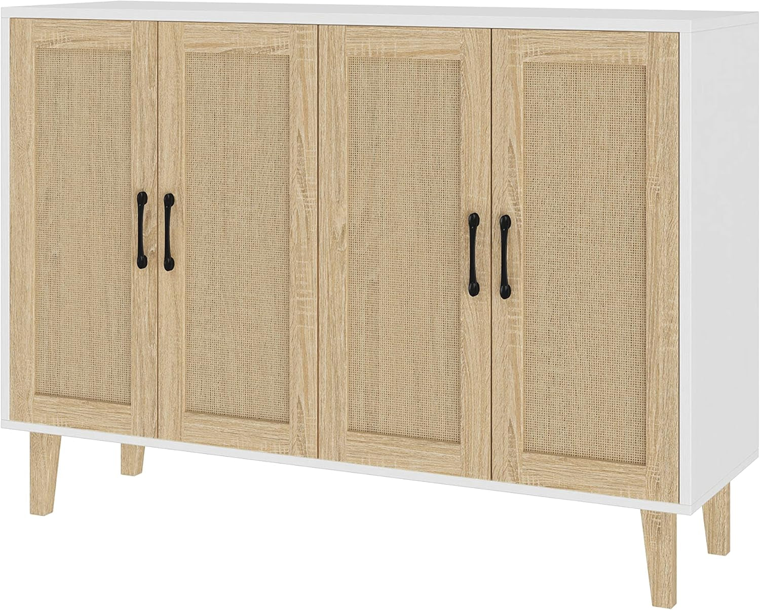 Buffet Storage Cabinet with Rattan Decorating 4 Doors Living Room Kitchen Sideboard 48.43 X 34.65 X 15 Inch (White)-0