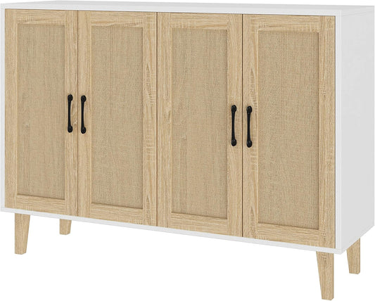 Buffet Storage Cabinet with Rattan Decorating 4 Doors Living Room Kitchen Sideboard 48.43 X 34.65 X 15 Inch (White)-0