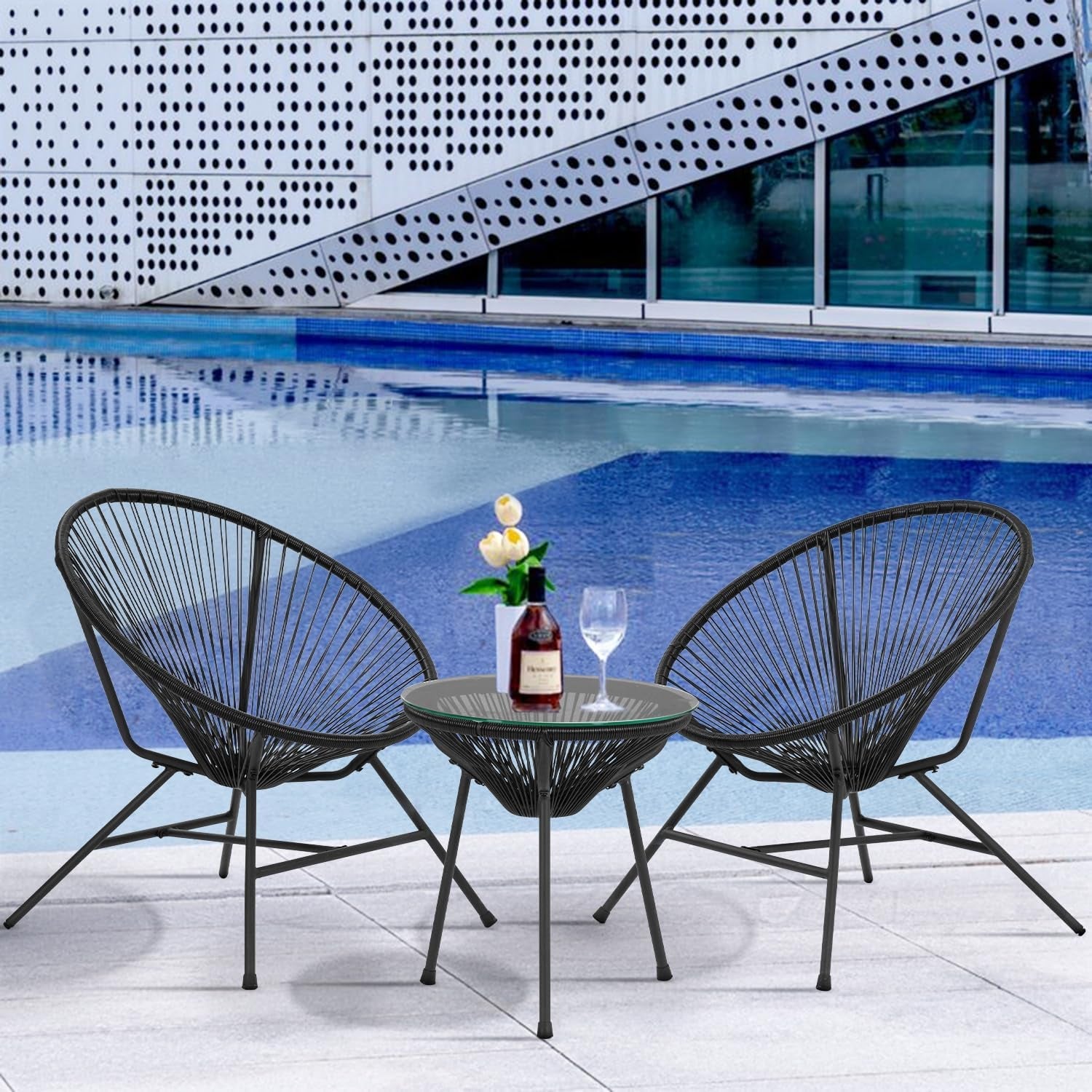 Acapulco Patio Bistro Set 3-Piece Outdoor Furniture Set All-Weather Woven Rope Patio Conversation Set with Glass Top Table and 2 Chairs (Black)-2