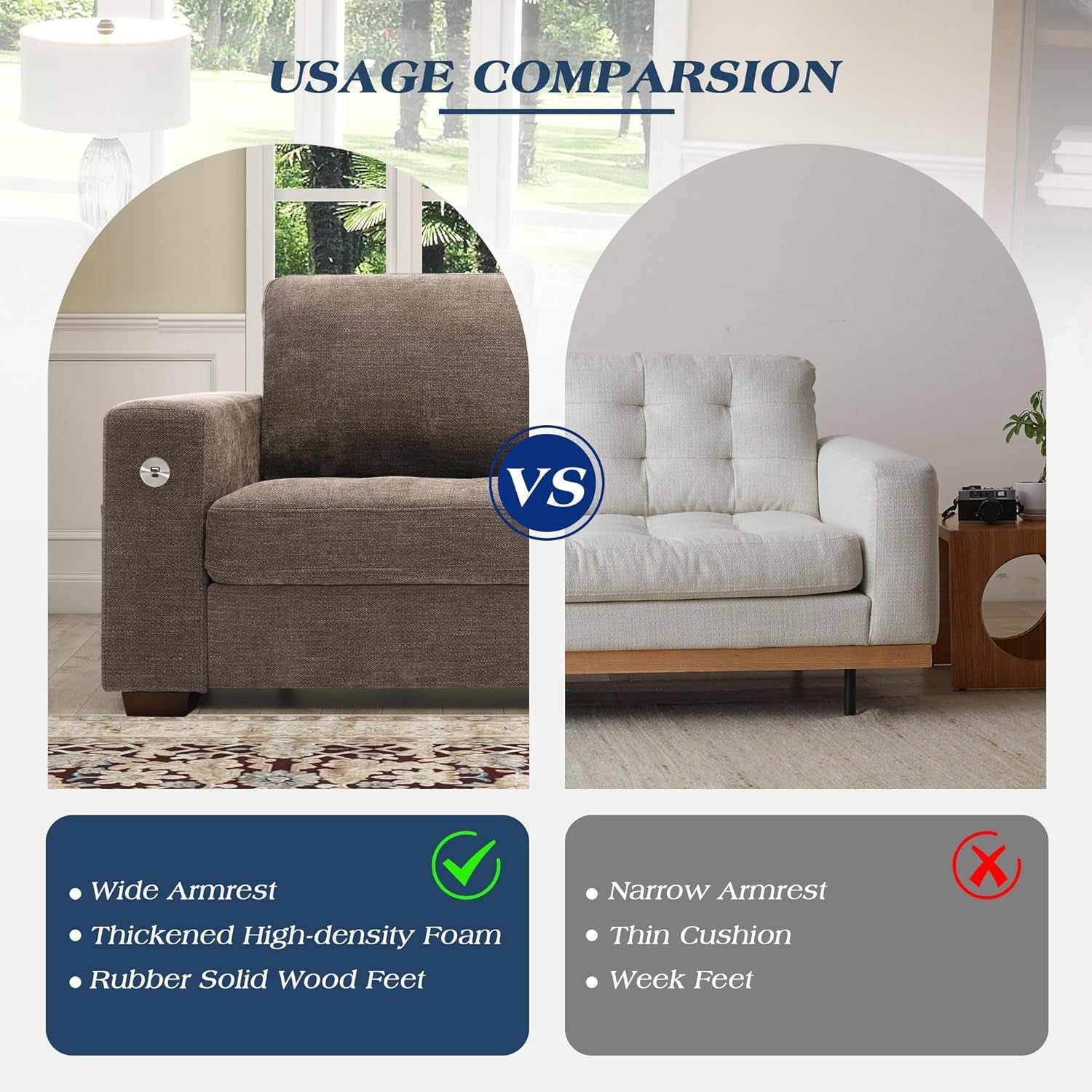 Sofas for Living Room, Chenille Loveseat Couch Set, Small Sofa, 3 Seater Sofa, USB Charging, Removable Sofa Cover,Solid Wood Frame, Easy to Install(89Inch,Brown)-4