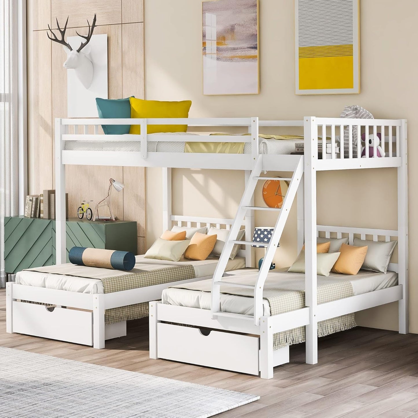 Full over Twin & Twin Bunk Bed, Wood Triple Bunk Bed with Drawers and Guardrails (White)-2