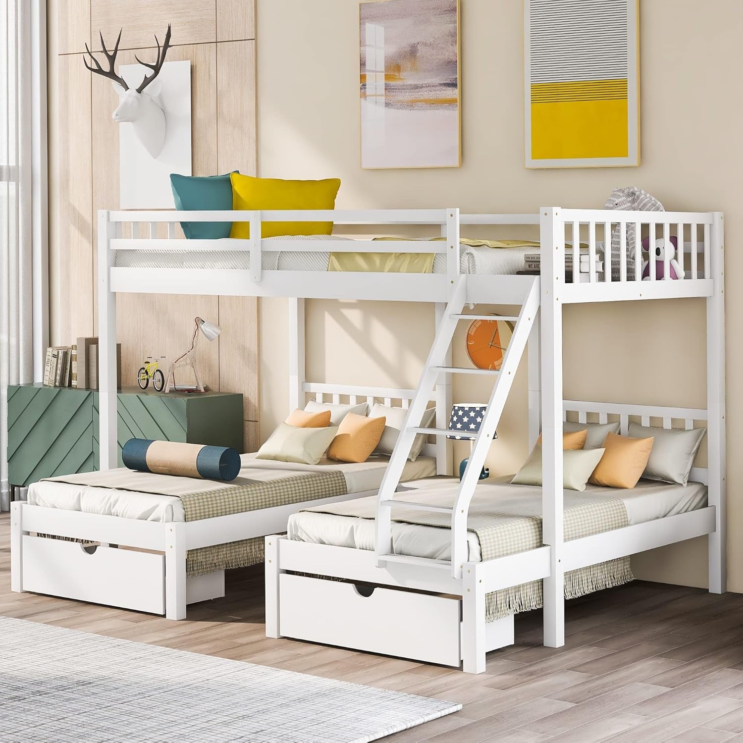 Full over Twin & Twin Bunk Bed, Wood Triple Bunk Bed with Drawers and Guardrails (White)-2