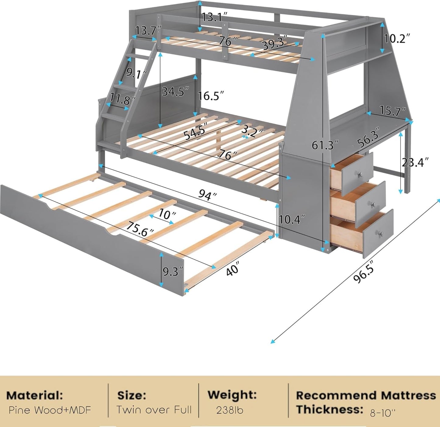 Twin over Full Bunk Beds with Trundle and Desk Wood Bunk Bed Frame with Three Storage Drawers and One Shelf for Kids Boys Girls Teens, Gray-1