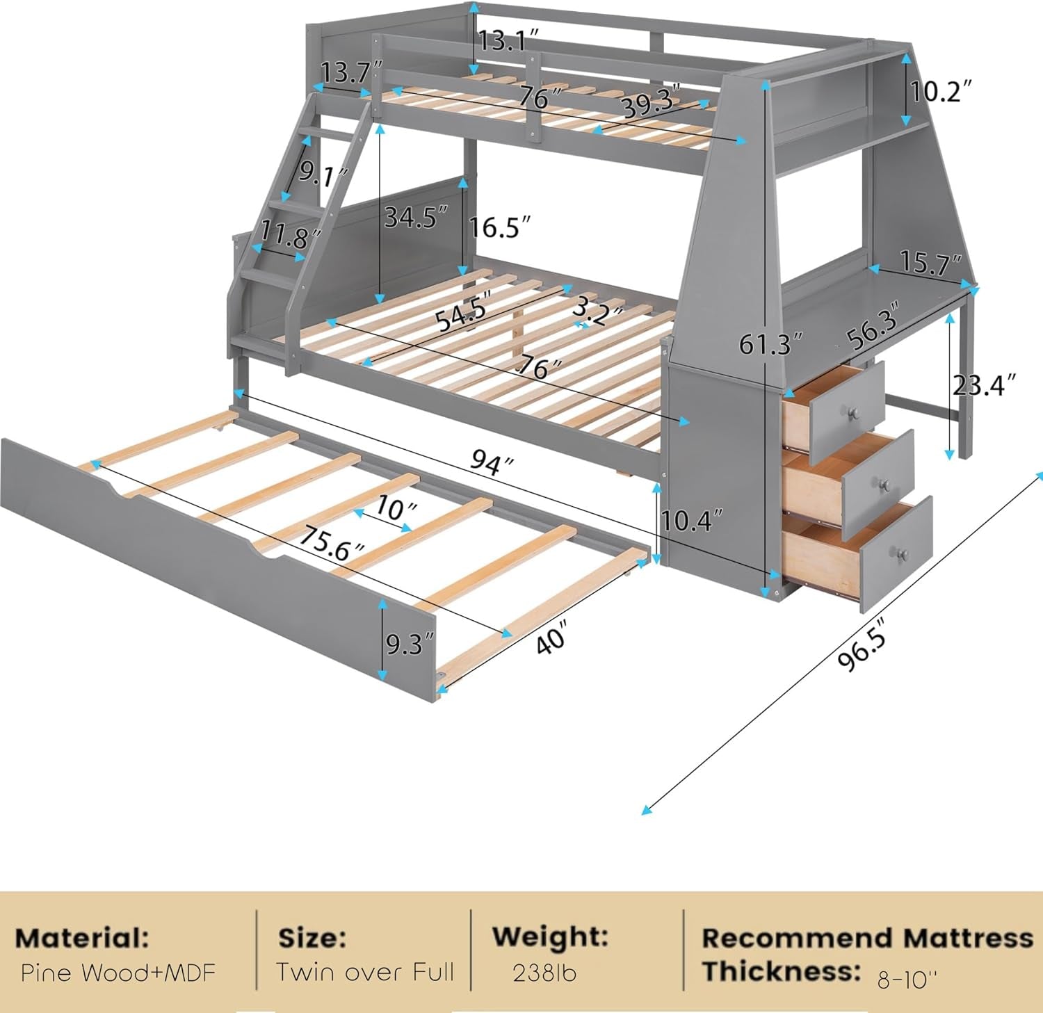 Twin over Full Bunk Beds with Trundle and Desk Wood Bunk Bed Frame with Three Storage Drawers and One Shelf for Kids Boys Girls Teens, Gray-1