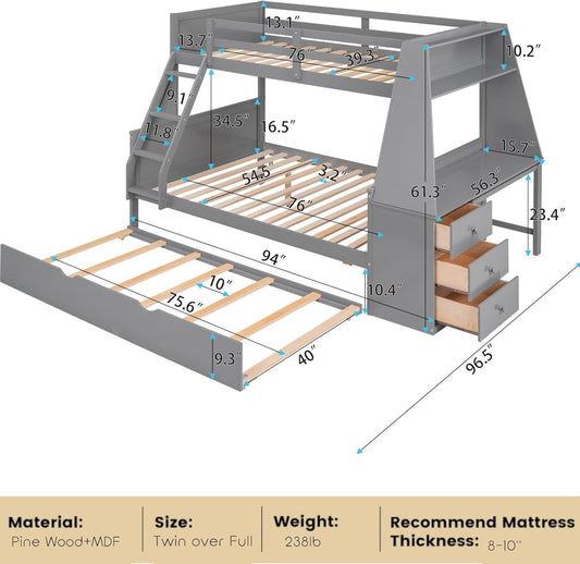 Twin over Full Bunk Beds with Trundle and Desk Wood Bunk Bed Frame with Three Storage Drawers and One Shelf for Kids Boys Girls Teens, Gray-1