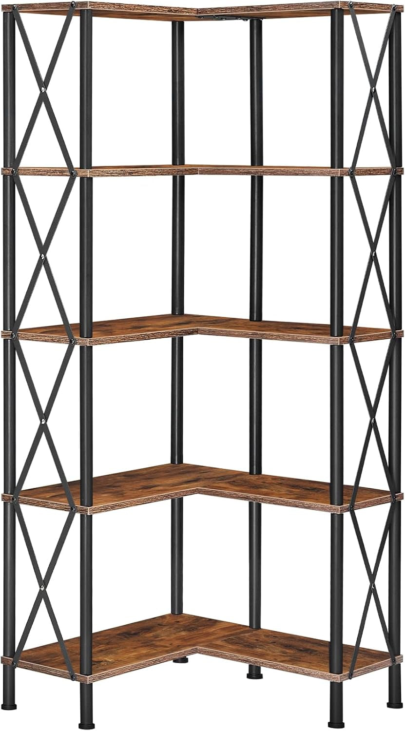 Corner Bookshelf, 5-Tier L-Shaped Bookcase, Industrial Open Display Shelf Tall Storage Organizer, Vertical Storage Rack, for Living Room, Home Office, Rustic Brown and Black BF60SJ01-0