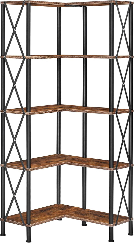 Corner Bookshelf, 5-Tier L-Shaped Bookcase, Industrial Open Display Shelf Tall Storage Organizer, Vertical Storage Rack, for Living Room, Home Office, Rustic Brown and Black BF60SJ01-0