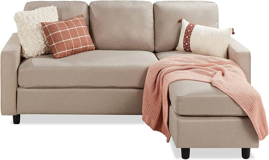 Compact Beige Linen Sectional Sofa with Chaise Lounge-0