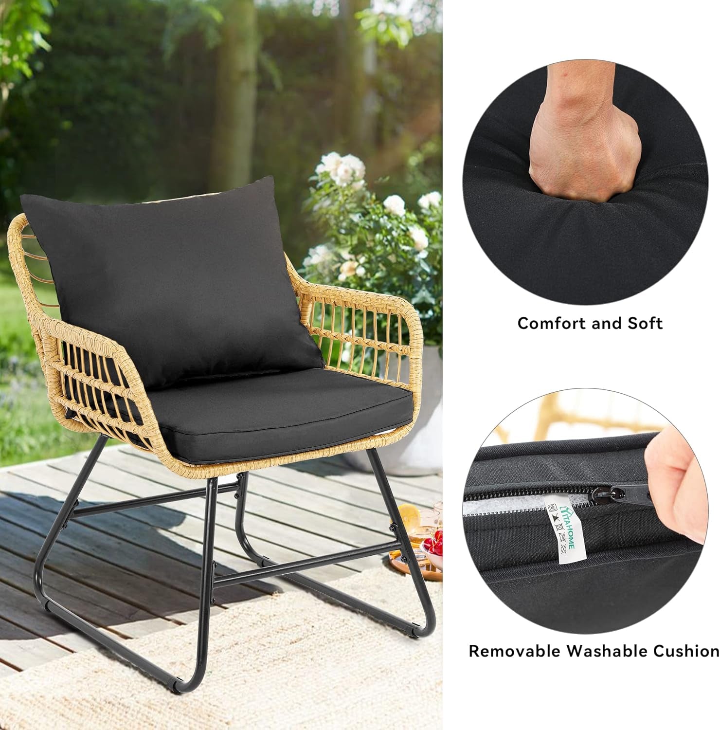 4-Piece Patio Furniture Wicker Outdoor Bistro Set, All-Weather Rattan Conversation Loveseat Chairs for Backyard, Balcony and Deck with Soft Cushions and Metal Table (Light Brown+Black)-4