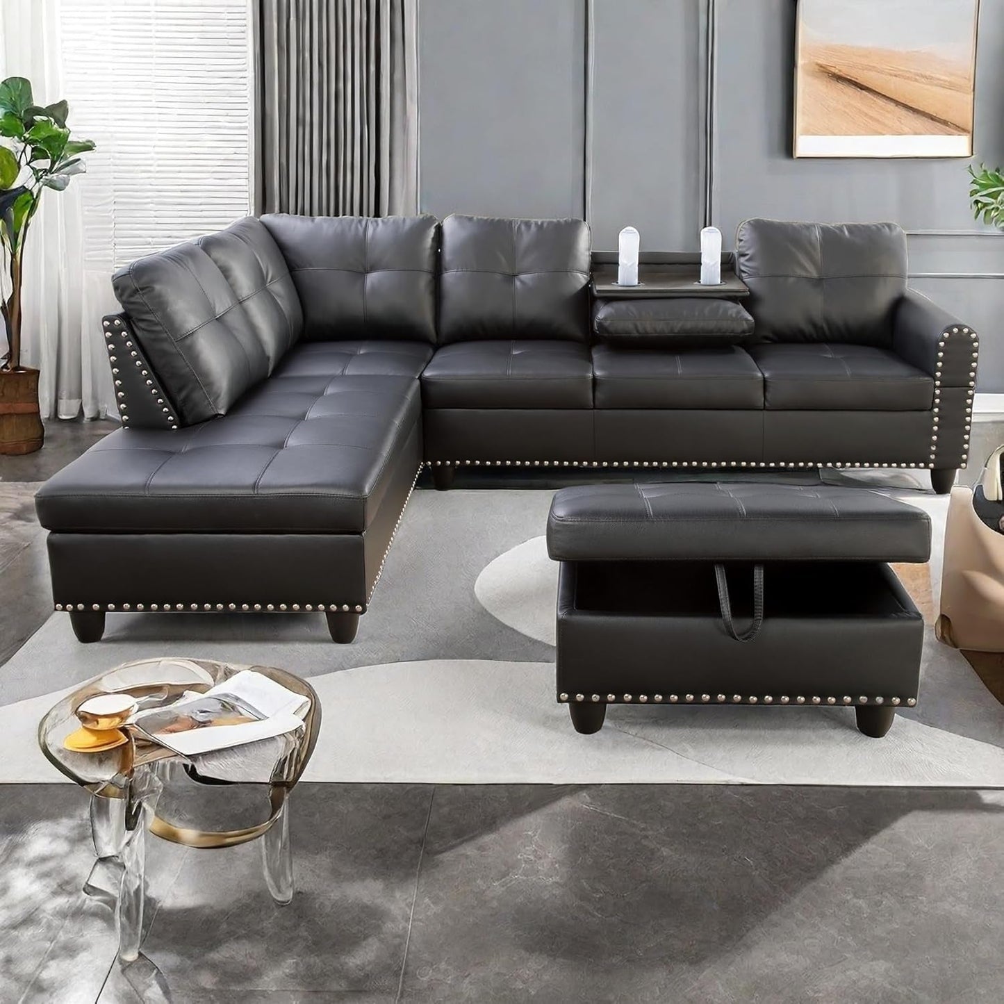 L Shaped Sectional Couches, Convertible Lounge Leather Couch with Reversible Cup Holder, Nail-Head Design Modern Modular Sectional Sofa for Living Room Furniture Sets, Black A-2