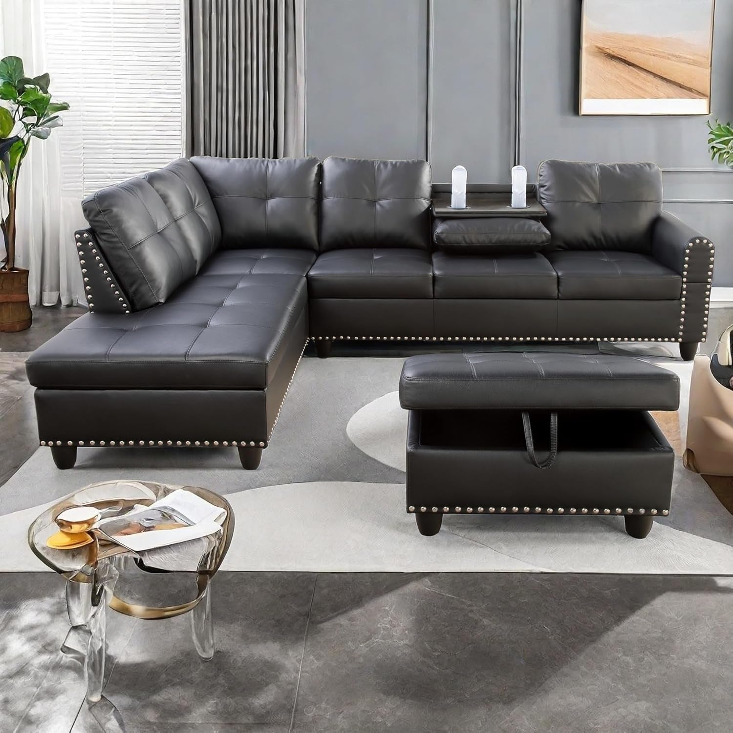 L Shaped Sectional Couches, Convertible Lounge Leather Couch with Reversible Cup Holder, Nail-Head Design Modern Modular Sectional Sofa for Living Room Furniture Sets, Black A-2