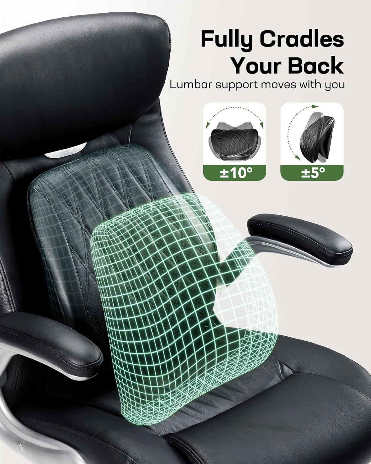Comfortable-Office Chair with Dynamic-Lumbar Support: High Back PU Leather Executive Office Chair with Flip-Up Arms Tilt Function, Ergonomic Executive Desk Chair for Home Office Work, Black-3