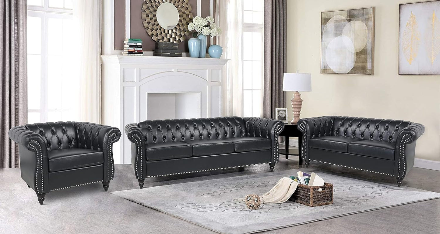 Black Faux Leather Chesterfield Sofa Set 3-Seater & Loveseat-2