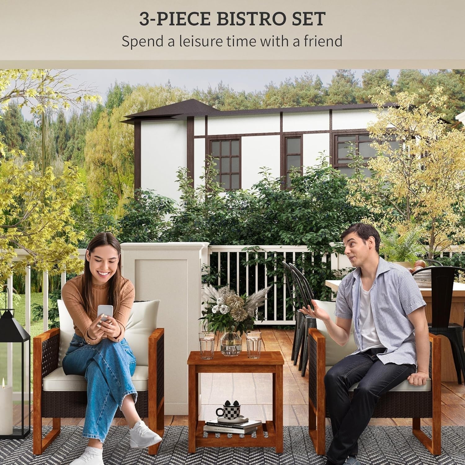 3 Pieces Wicker Outdoor Bistro Set, Rattan Patio Furniture Set with Acacia Wood Coffee Table and Porch Chairs for Backyard, Balcony, Garden, Brown-2