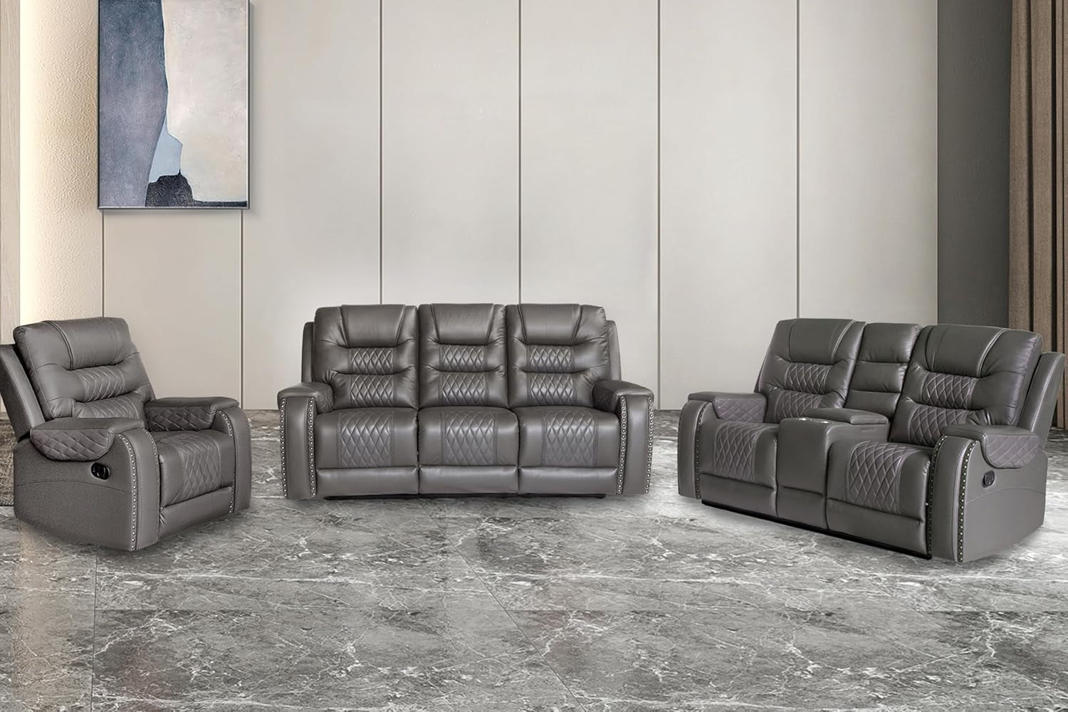PU Leather Sofa Set, 3 Pieces Living Room Set with Cup Holders, Manual Recliner Sofa &Loveseat & Chair, Gray-3