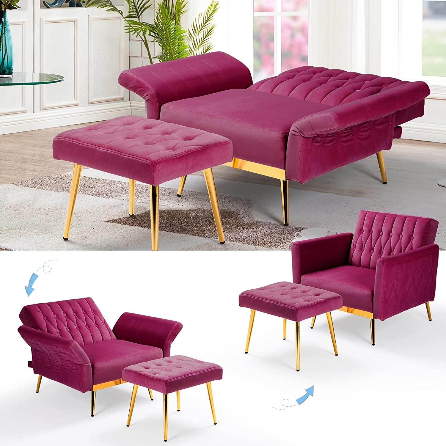 Fuchsia Velvet Accent Chair with Adjustable Features-4