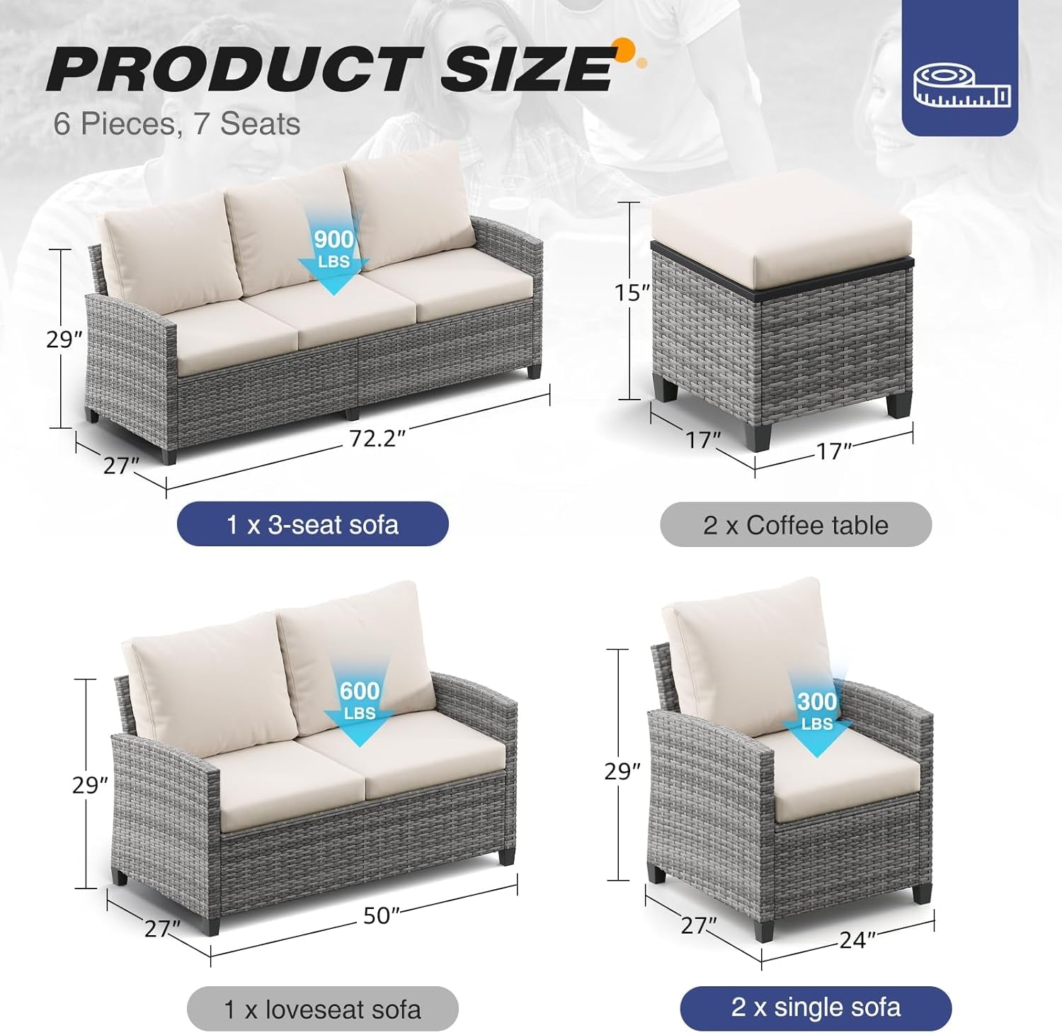 6 PCS Patio Furniture Set, Outdoor Wicker Conversation Sectional Sofa Couch Furniture Sets with Ottomans for Garden Balcony Backyard, Gray/Beige (Gray Rattan Beige Cushions, 6 Pieces Set)-2