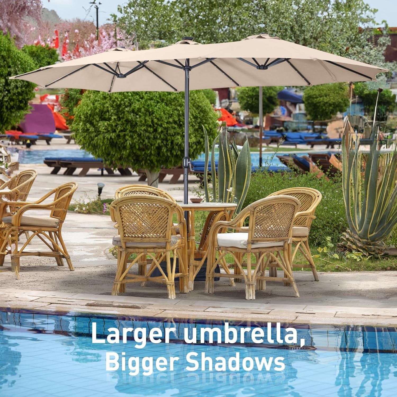 15Ft Patio Umbrella with Base Included, Double Sided Outdoor Large Rectangular Patio Umbrella with Crank Handle, for Lawn Garden, Khaki-1